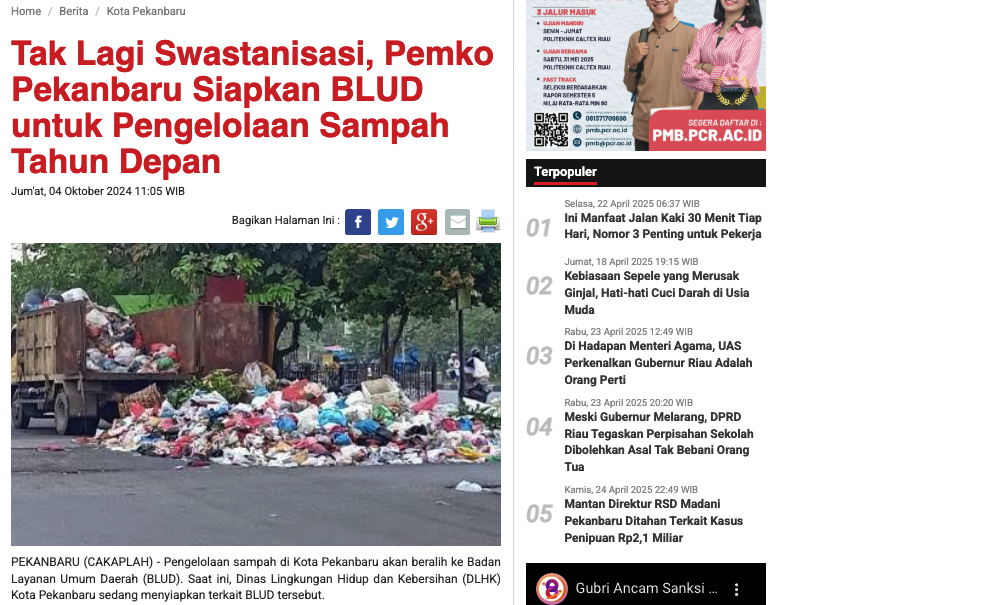 BLUD Menjadi Langkah Strategis Pekanbaru Menuju Sistem Pengelolaan Sampah yang Lebih Mandiri